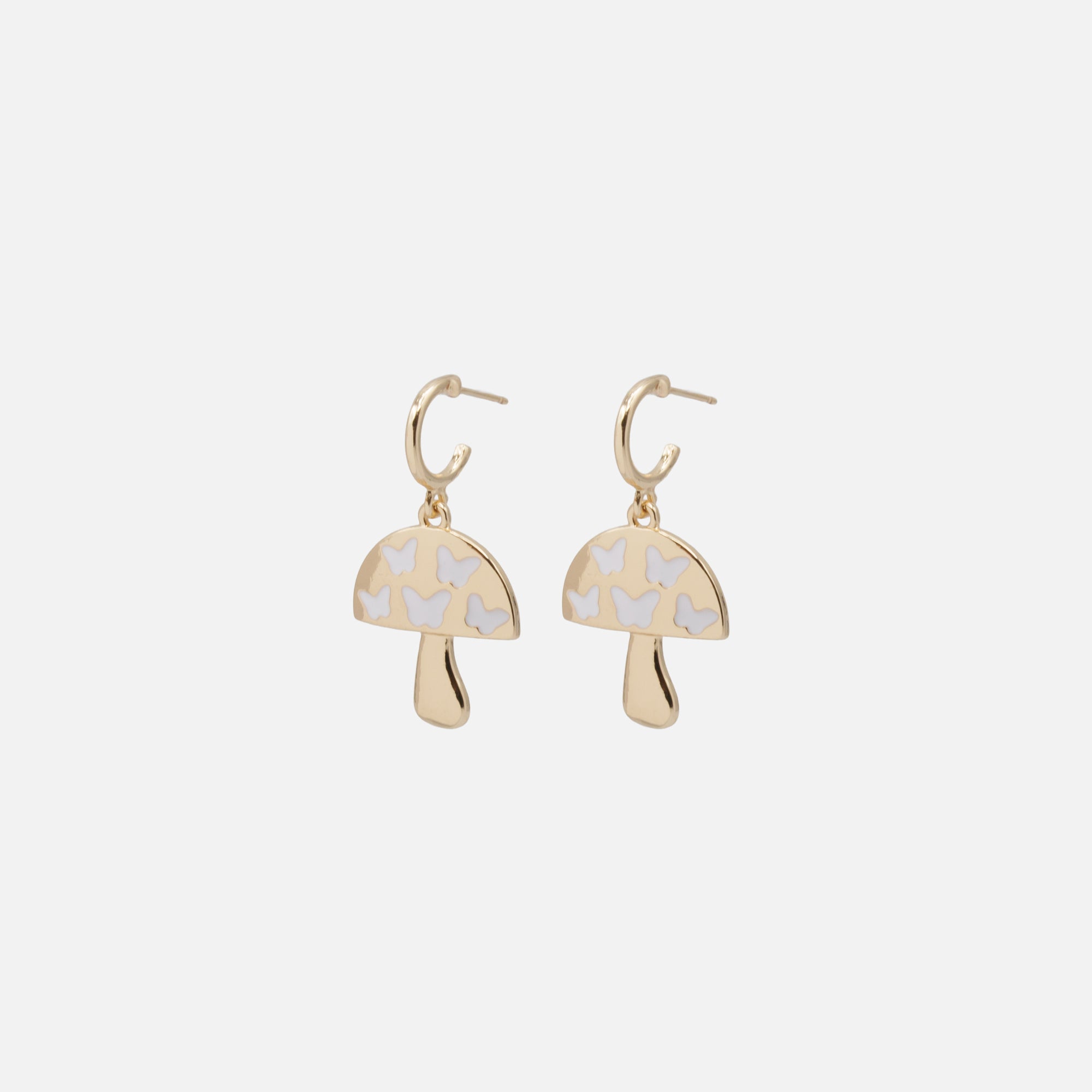 Gold earrings with mushroom charm and white butterflies