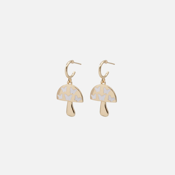 Load image into Gallery viewer, Gold earrings with mushroom charm and white butterflies
