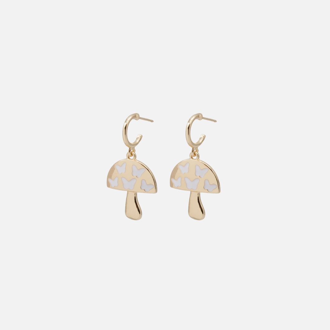Gold earrings with mushroom charm and white butterflies