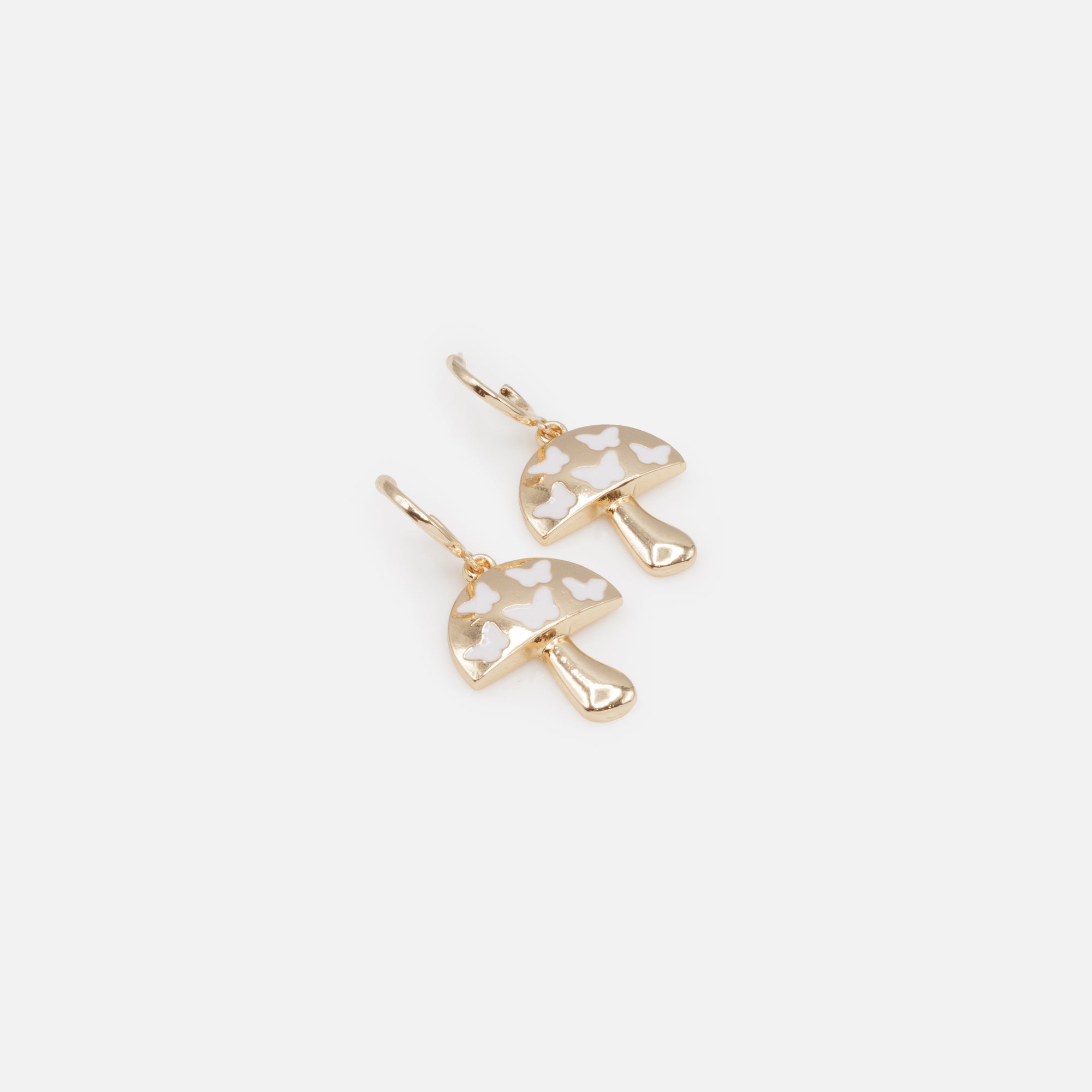 Gold earrings with mushroom charm and white butterflies