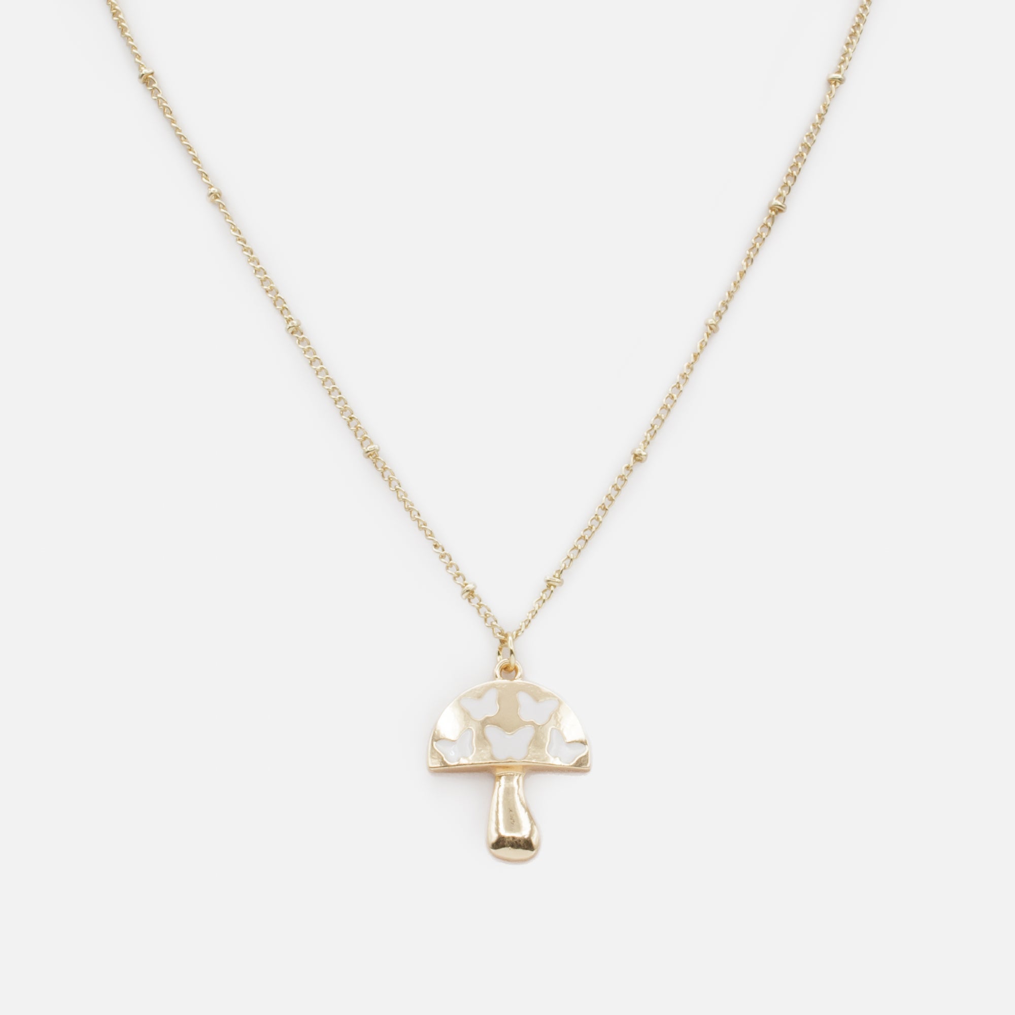 Gold mushroom charm necklace with white butterflies