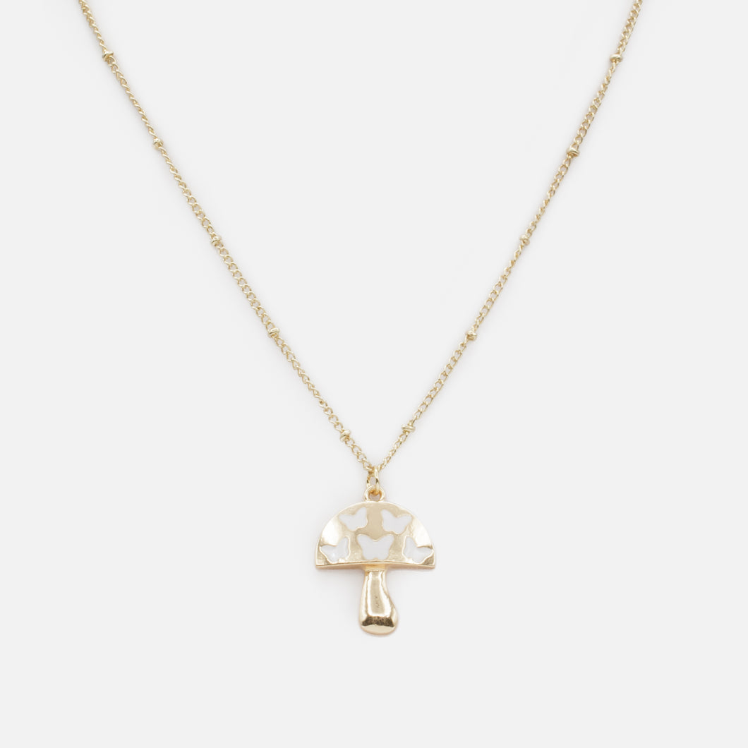 Gold mushroom charm necklace with white butterflies