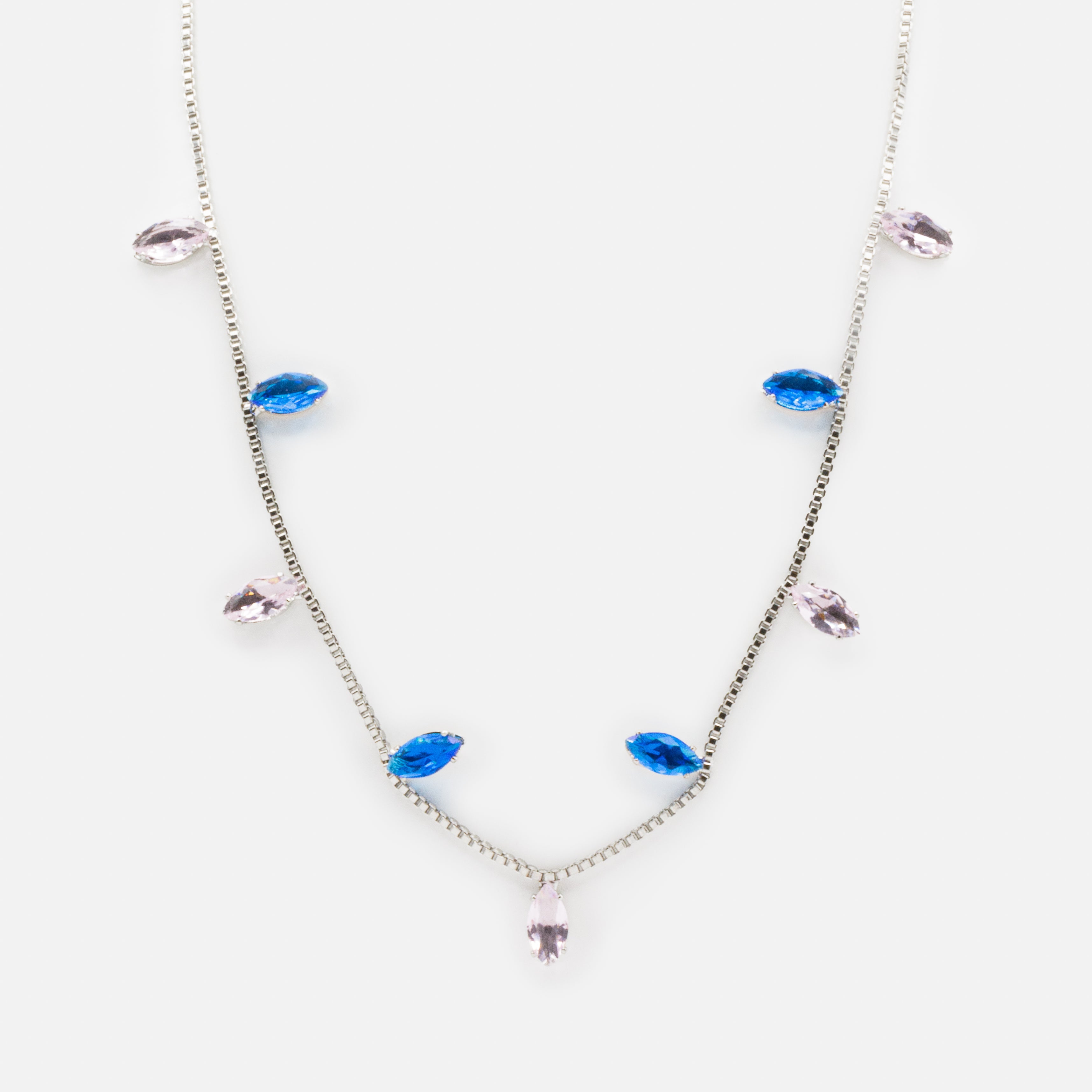 Collier argenté ajustable avec pierres roses et bleues