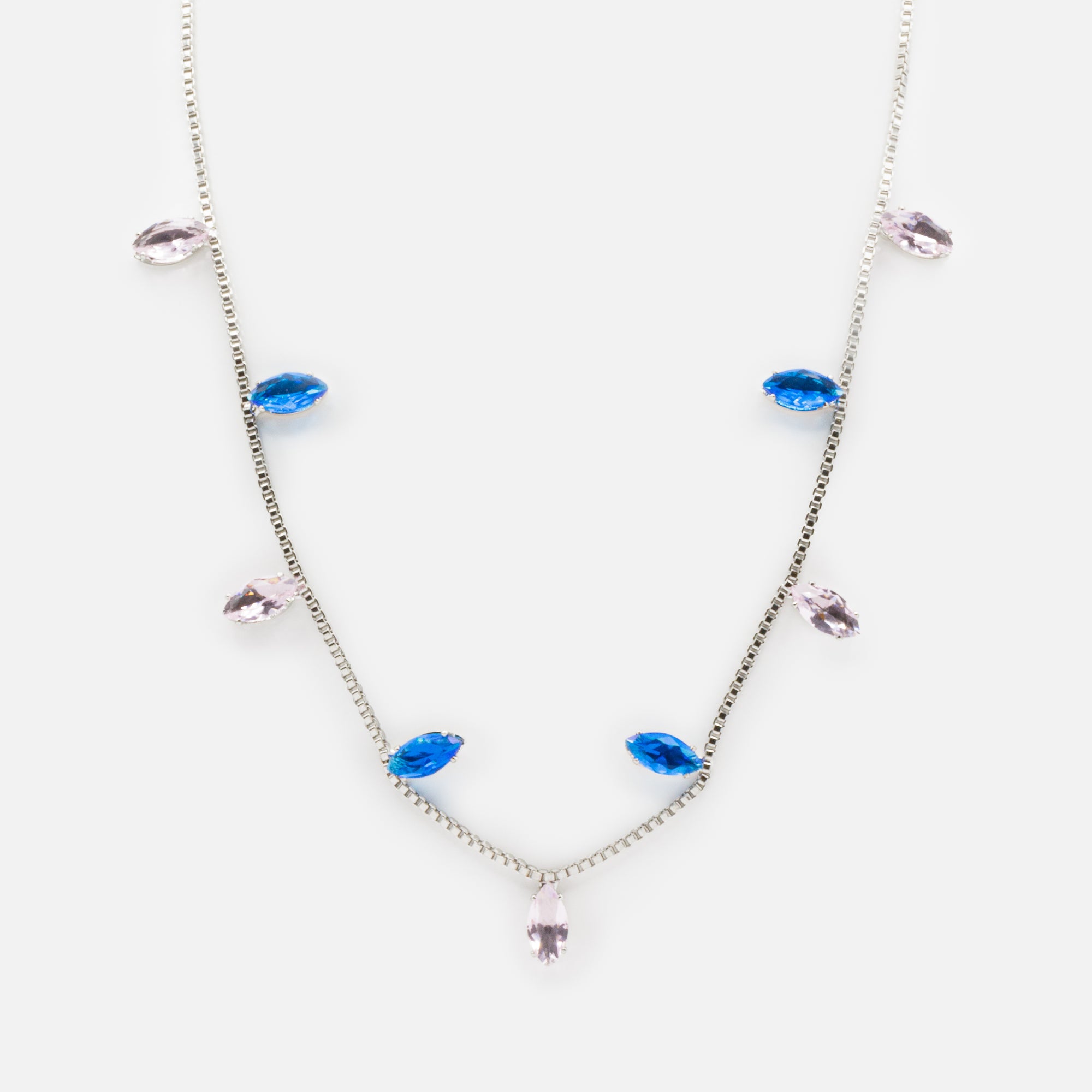 Adjustable silver necklace with pink and blue stones