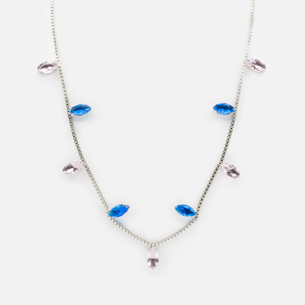 Adjustable silver necklace with pink and blue stones