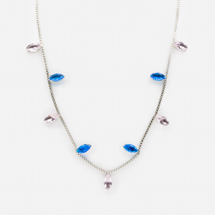 Collier argenté ajustable avec pierres roses et bleues