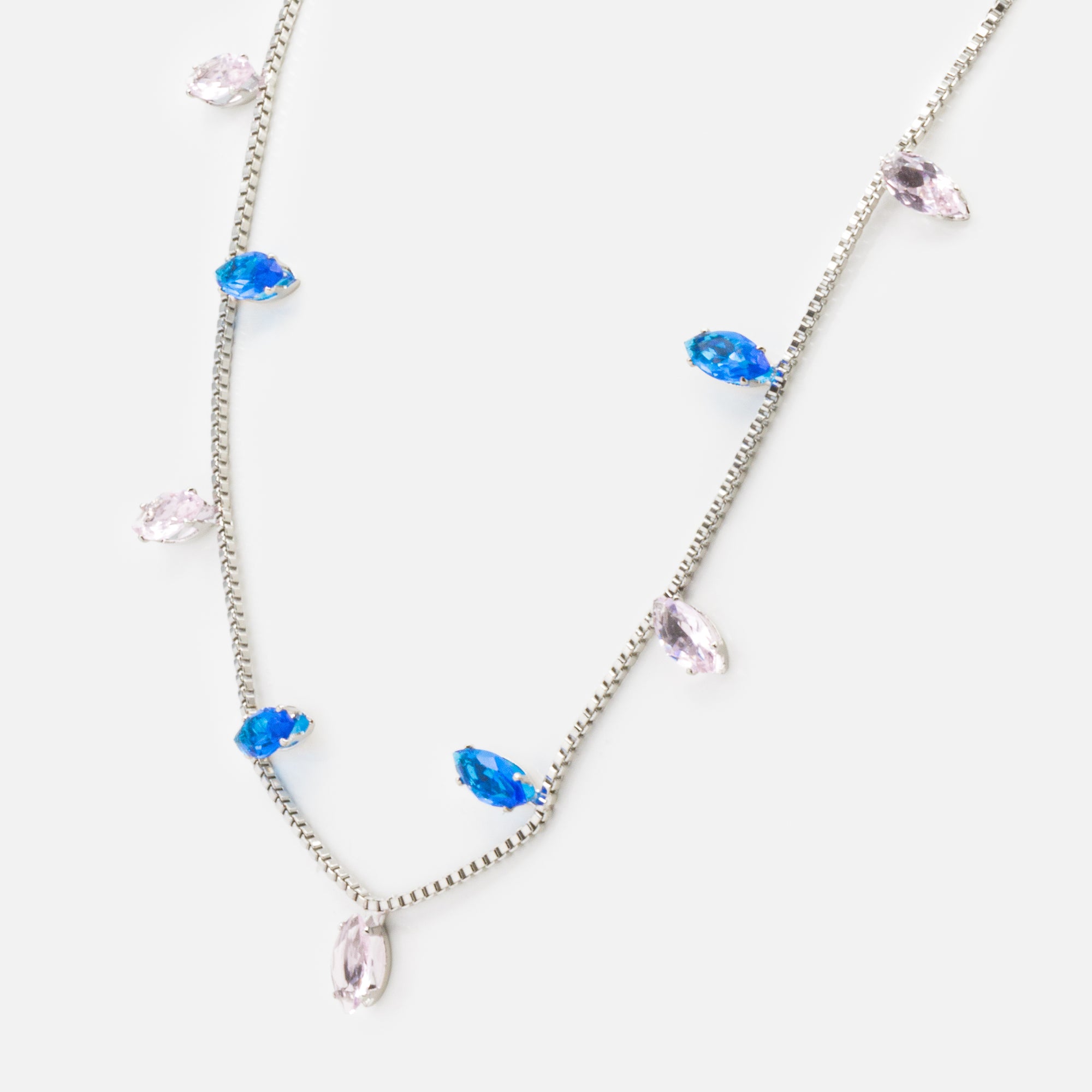 Adjustable silver necklace with pink and blue stones
