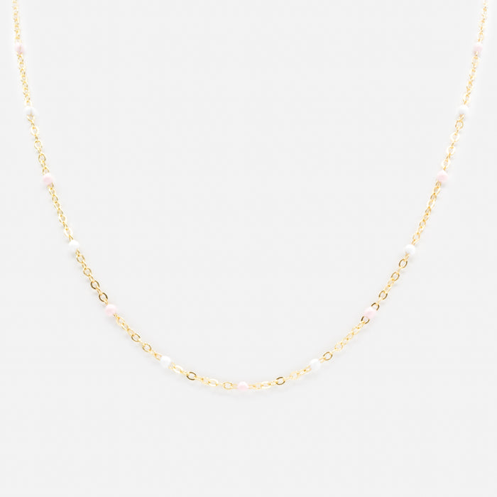 Collier doré avec billes roses et blanches