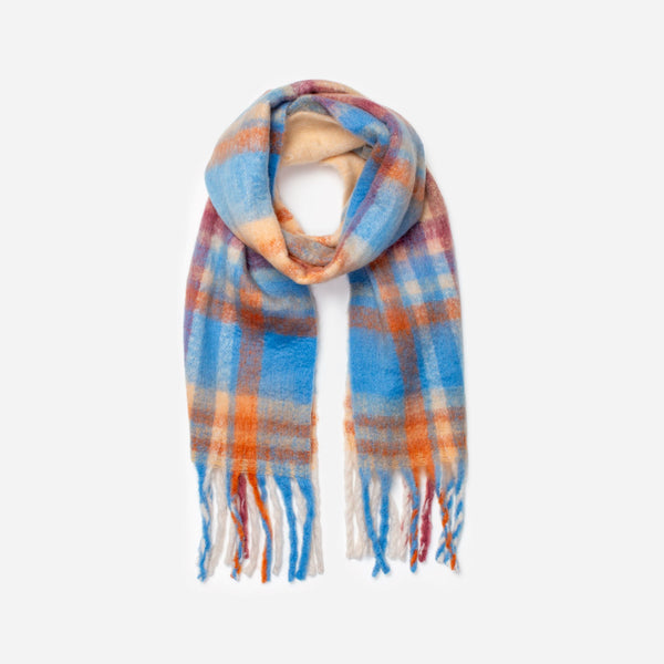 Load image into Gallery viewer, Blue scarf with orange and red checks
