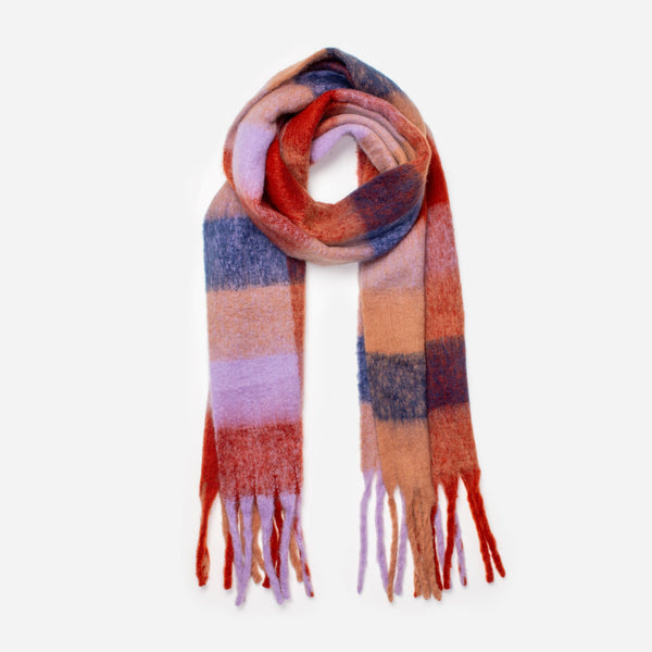 Load image into Gallery viewer, Red, mauve and navy checkered scarf

