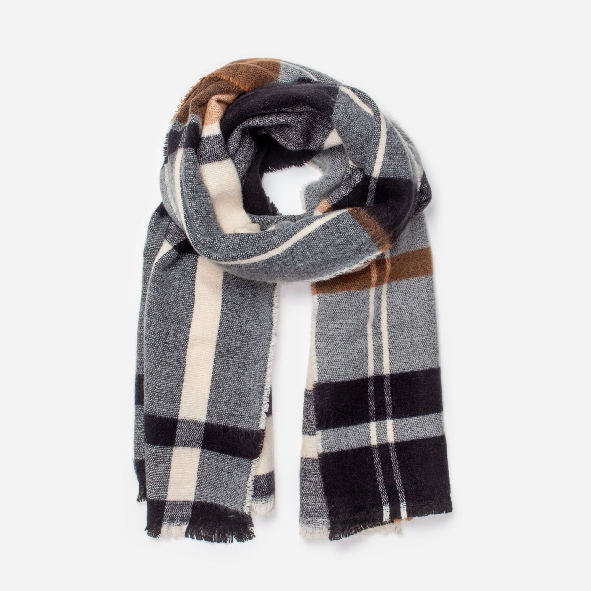 Gray scarf with black and caramel checks