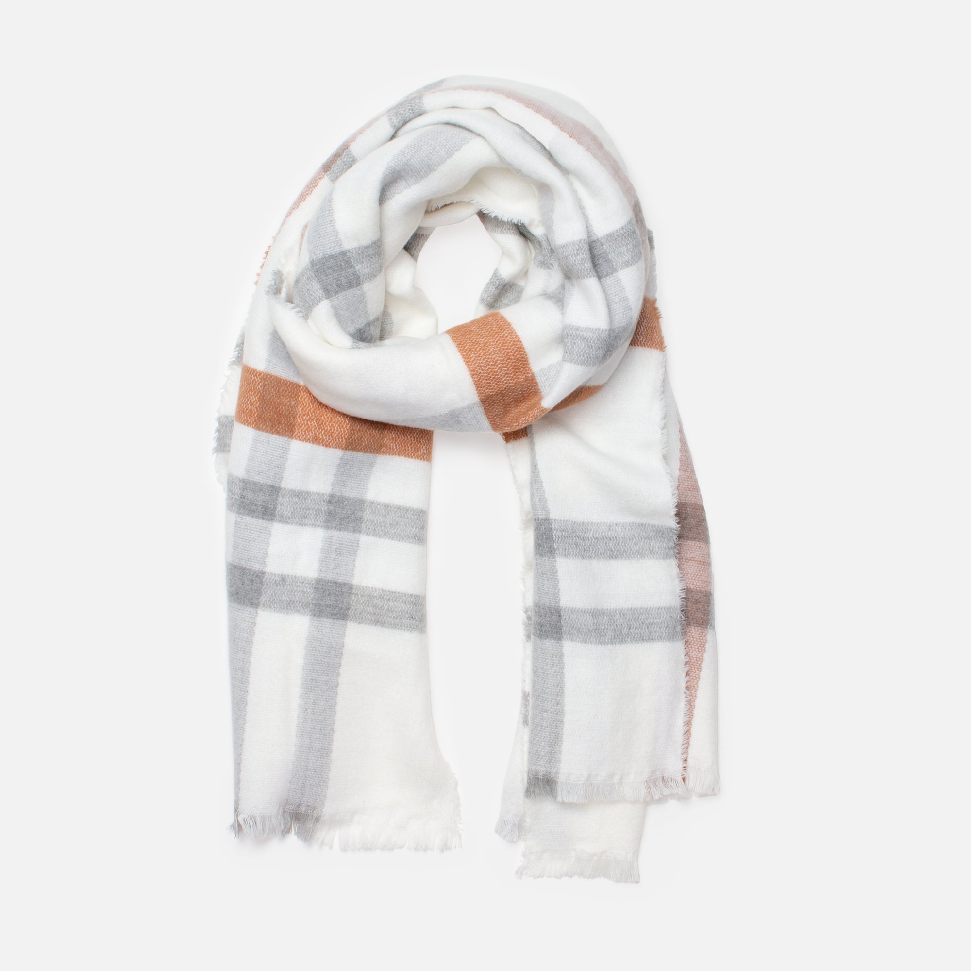 White scarf with gray and caramel checks