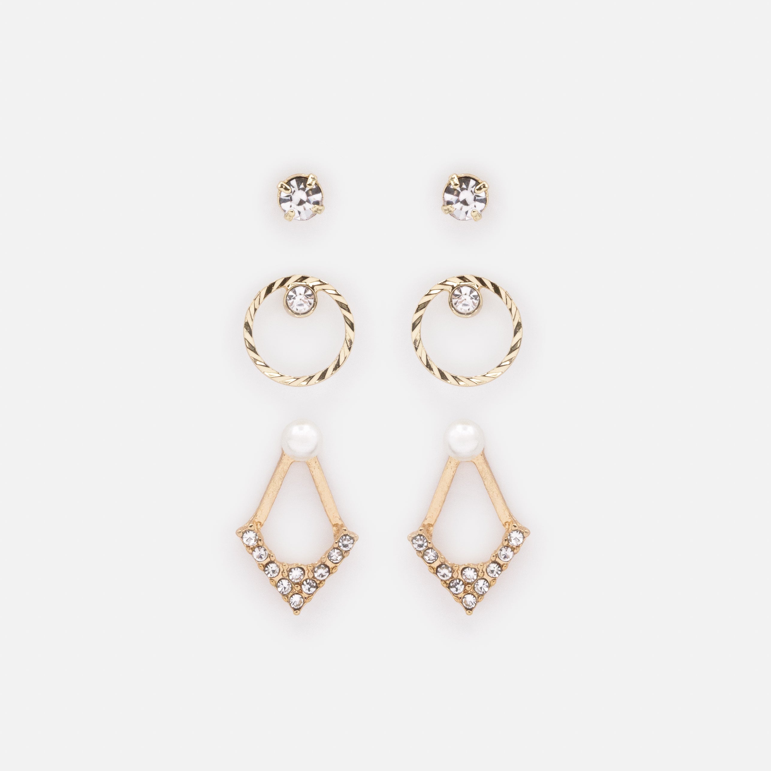 Trio de boucles d'oreilles dorées perles & zircons cubiques