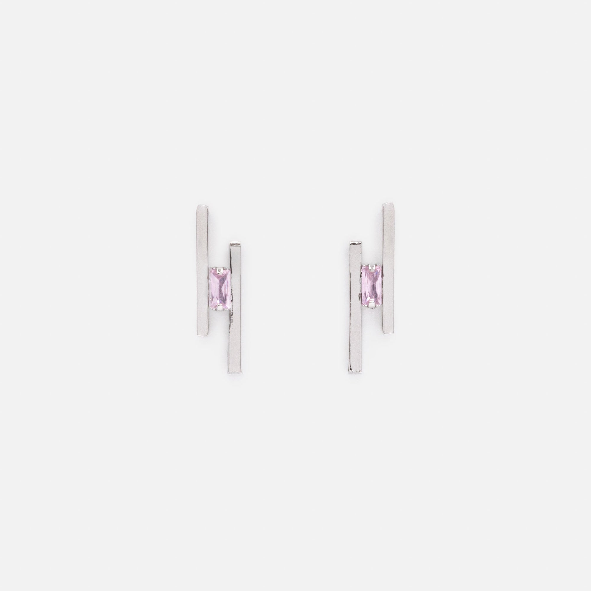 Boucles d'oreilles argentées barres parallèles avec pierre rose pâle