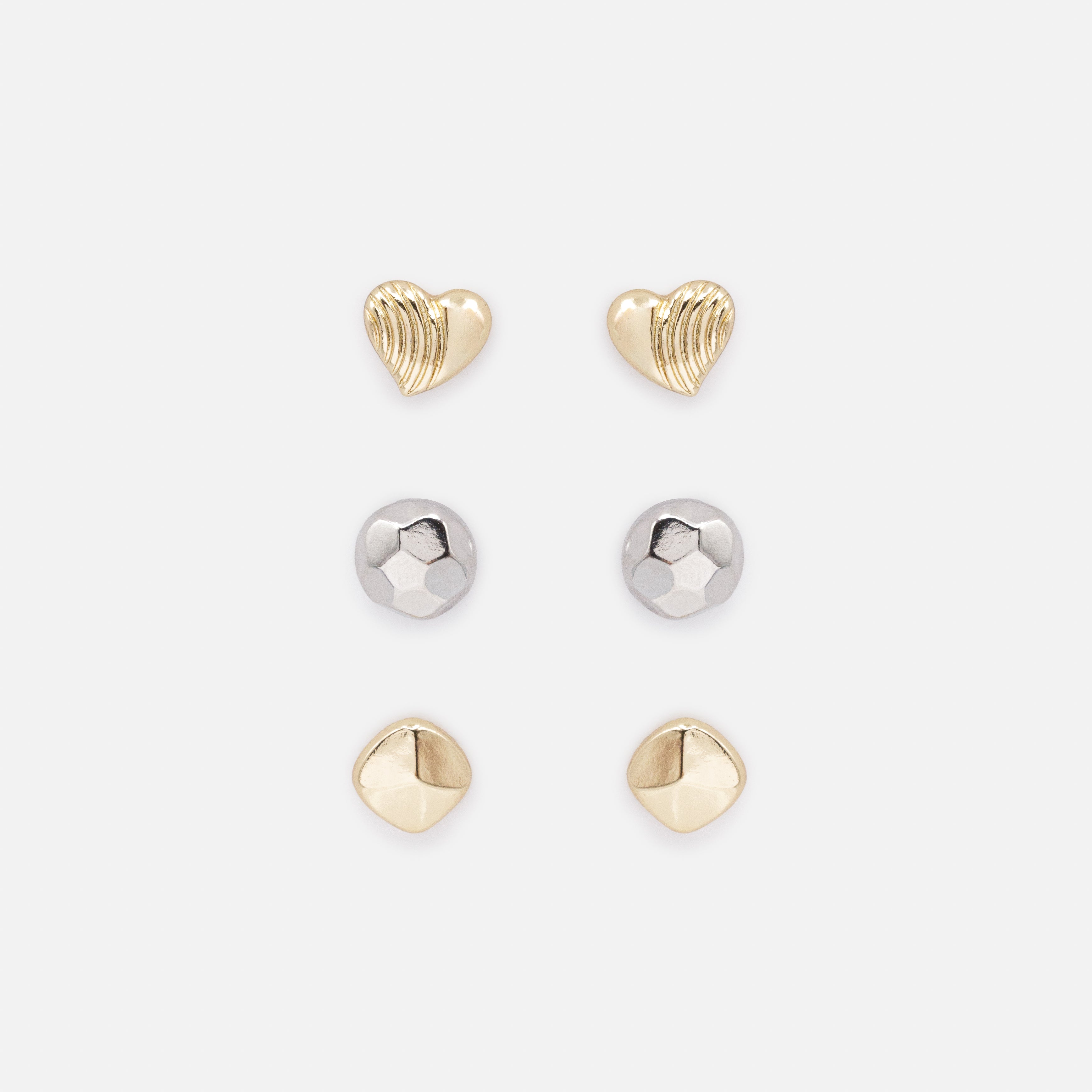 Trio de boucles d'oreilles deux tons cœurs texturés & billes martelées