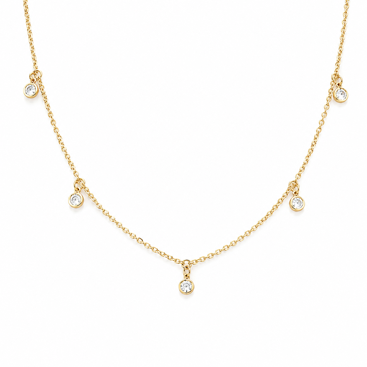 Gold necklace with small round charms and cubic zirconia