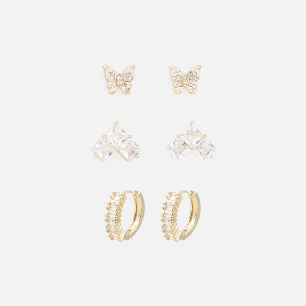 Load image into Gallery viewer, Trio of golden earrings with square stones and butterflies
