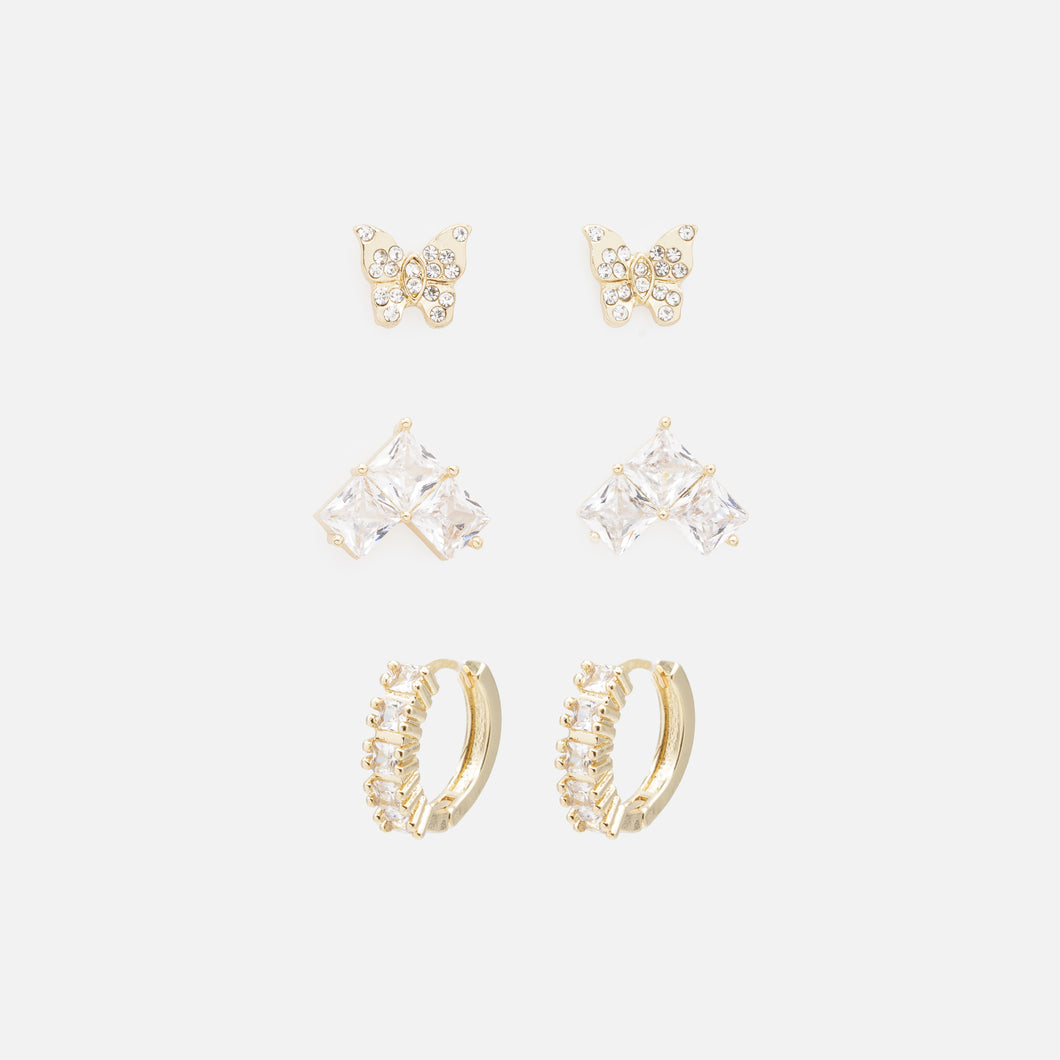 Trio of golden earrings with square stones and butterflies