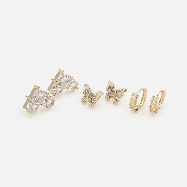 Load image into Gallery viewer, Trio of golden earrings with square stones and butterflies
