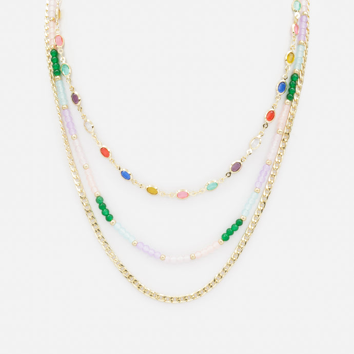 Gold triple chain necklace with multicolored beads and stones