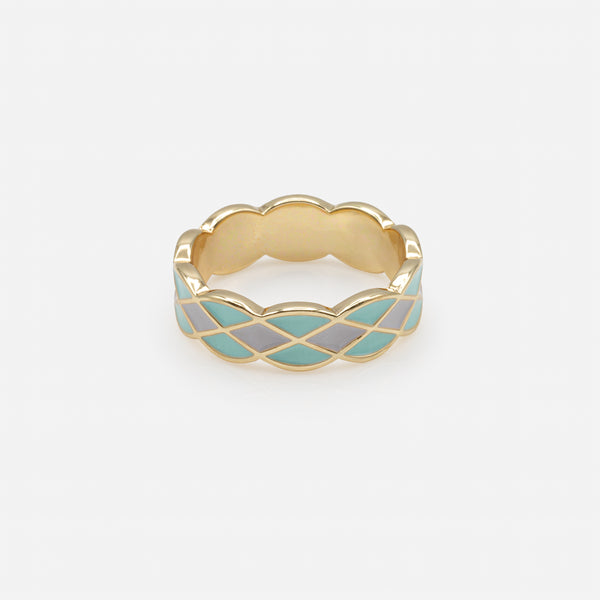 Load image into Gallery viewer, Gold ring with turquoise and pale blue geometric shapes
