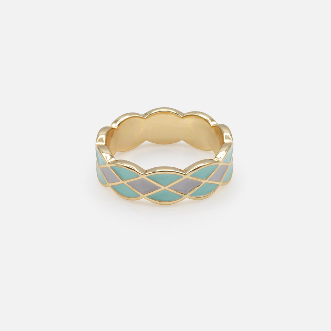 Gold ring with turquoise and pale blue geometric shapes