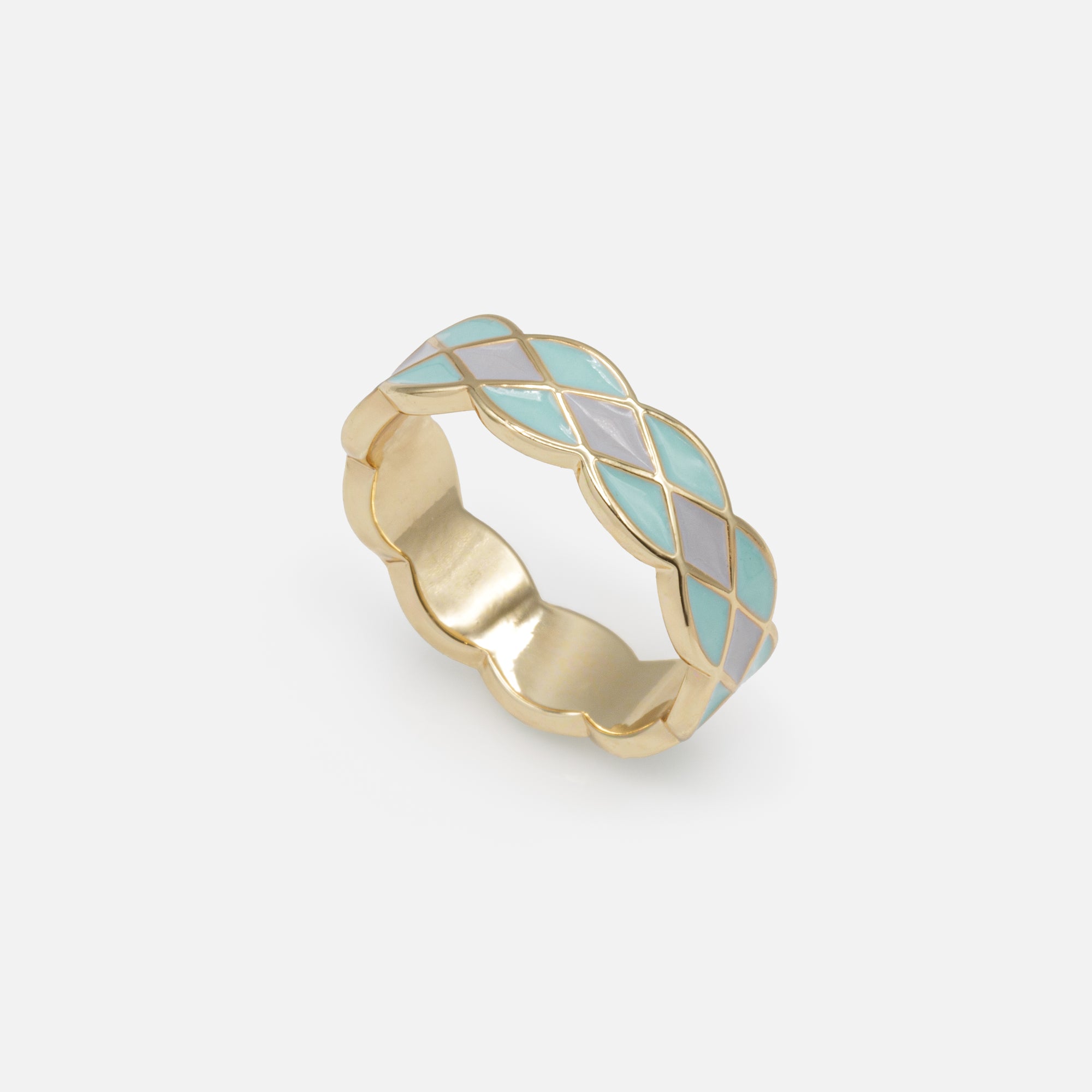 Gold ring with turquoise and pale blue geometric shapes