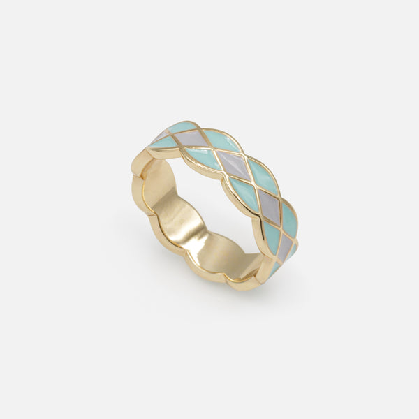 Load image into Gallery viewer, Gold ring with turquoise and pale blue geometric shapes

