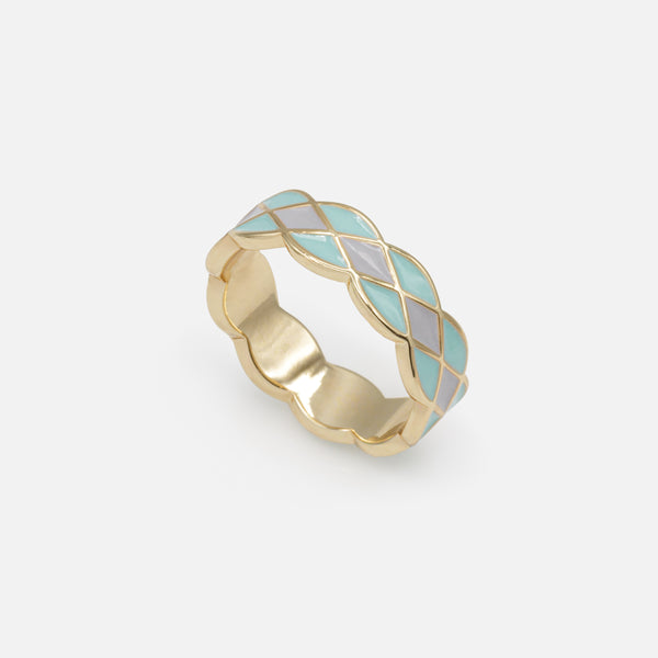 Charger l&#39;image dans la galerie, Bague dorée à formes géométriques turquoise et bleu pâle
