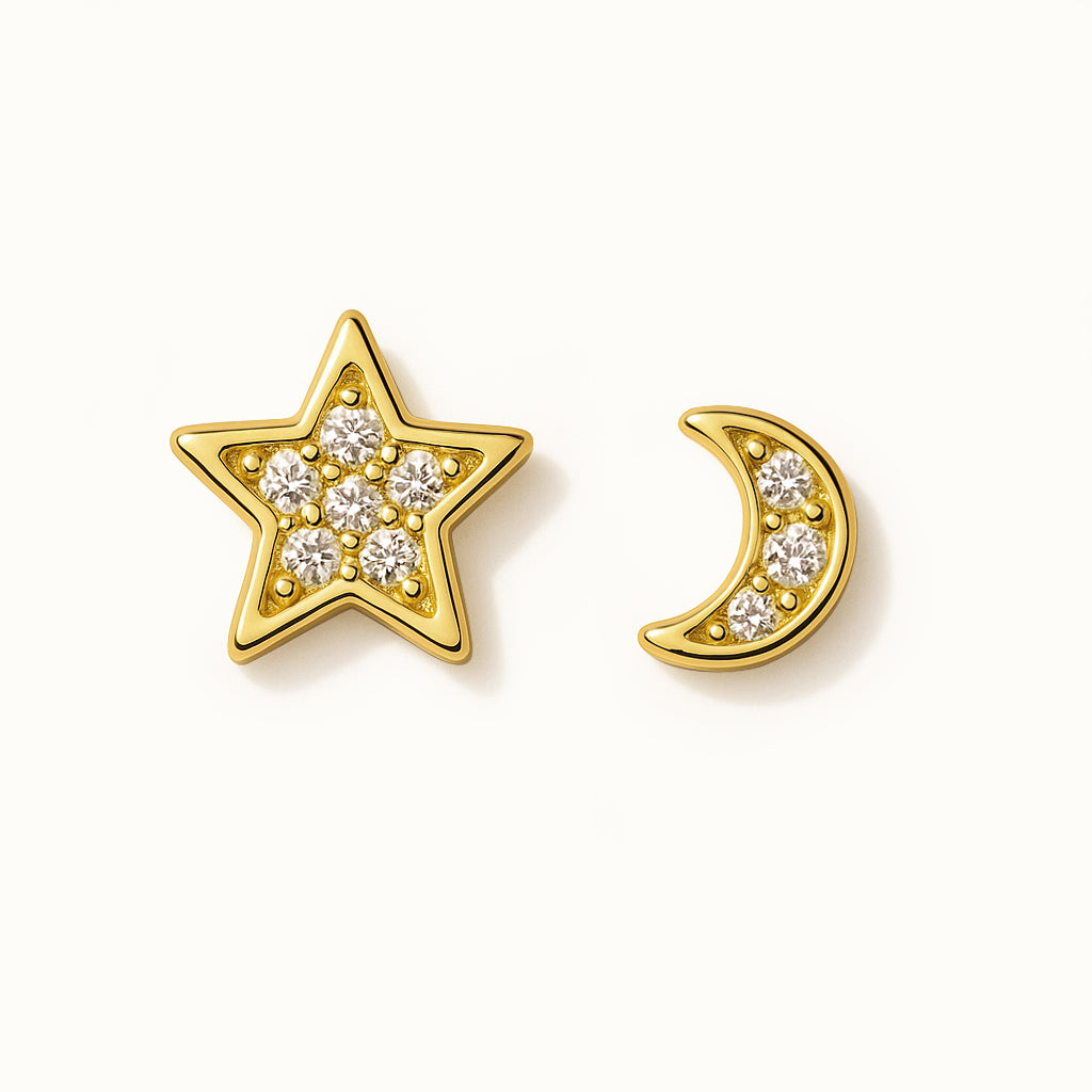 Boucles d'oreilles lune & étoile en or vermeil avec zircons cubiques