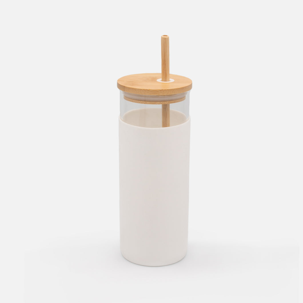 Glass water bottle with wooden straw