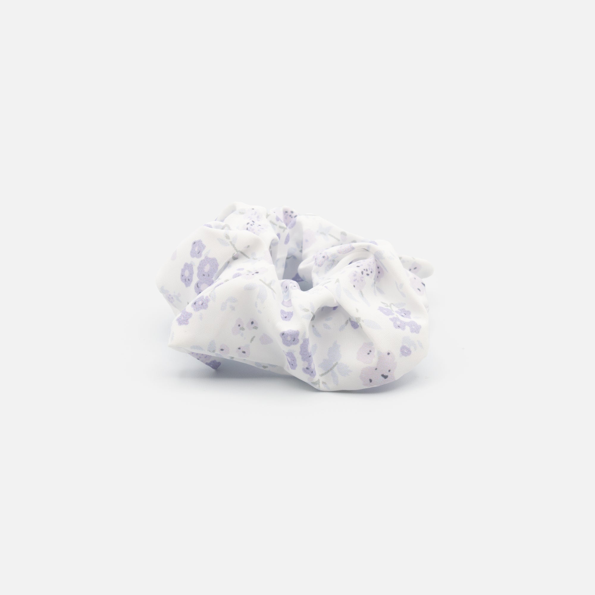 White scrunchie with lilac flowers