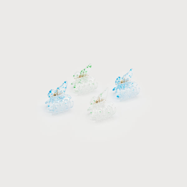 Load image into Gallery viewer, Set of four small translucent green and blue butterfly clips
