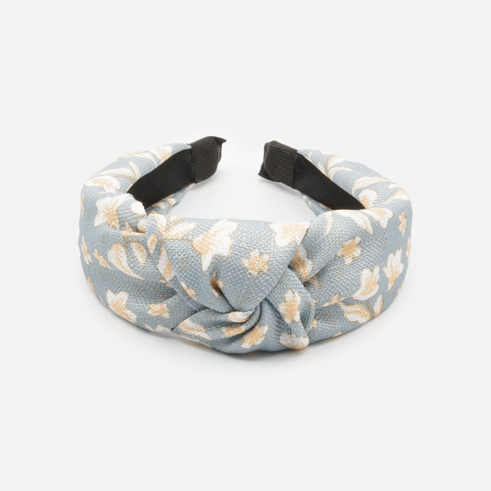 Bandeau bleu-gris avec fleurs beiges et noeud