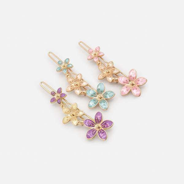 Load image into Gallery viewer, Set of three brightly colored gold floral clips
