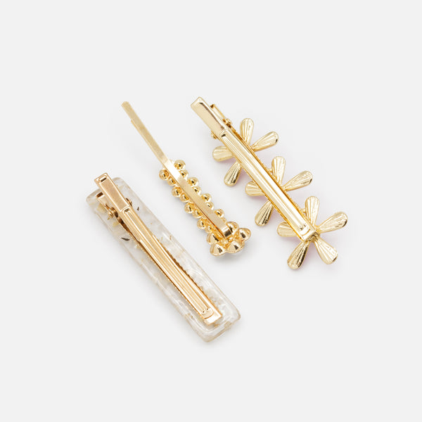 Load image into Gallery viewer, Set of three golden clips with pink flowers and pearls
