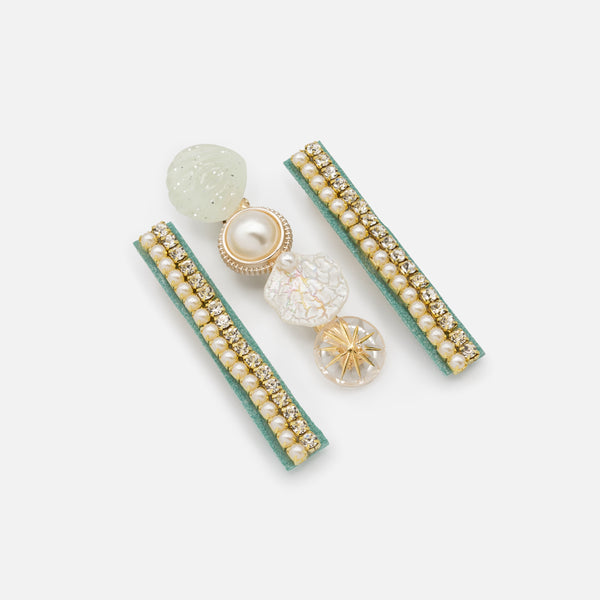 Load image into Gallery viewer, Set of three gold and green shell clips
