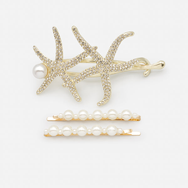 Load image into Gallery viewer, Set of three gold starfish clips with cubic zirconia and pearls

