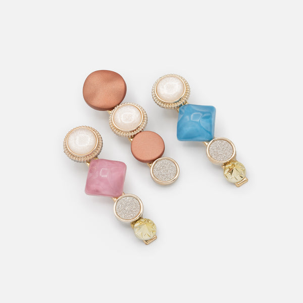 Load image into Gallery viewer, Set of three golden clips with blue and pink stones
