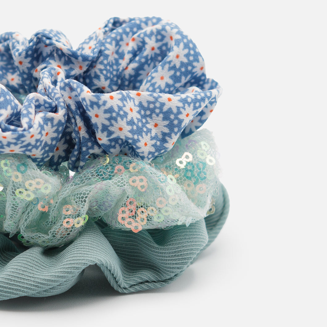 Trio of blue tones scrunchies with glitter and daisies
