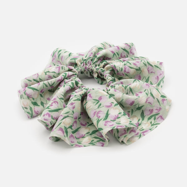 Load image into Gallery viewer, Oversized green scrunchie with purple tulips
