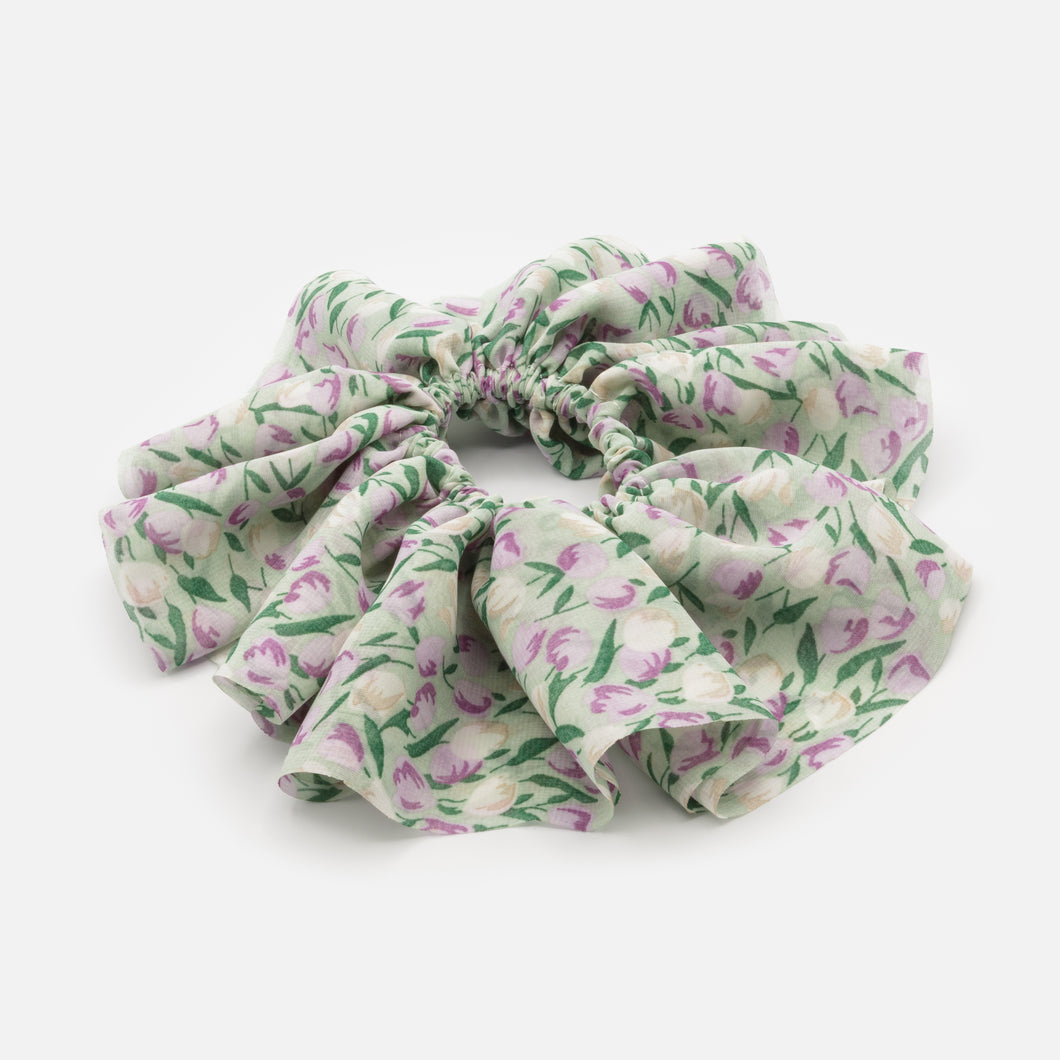 Oversized green scrunchie with purple tulips