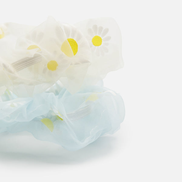 Load image into Gallery viewer, Duo of translucent blue and white scrunchies with daisies
