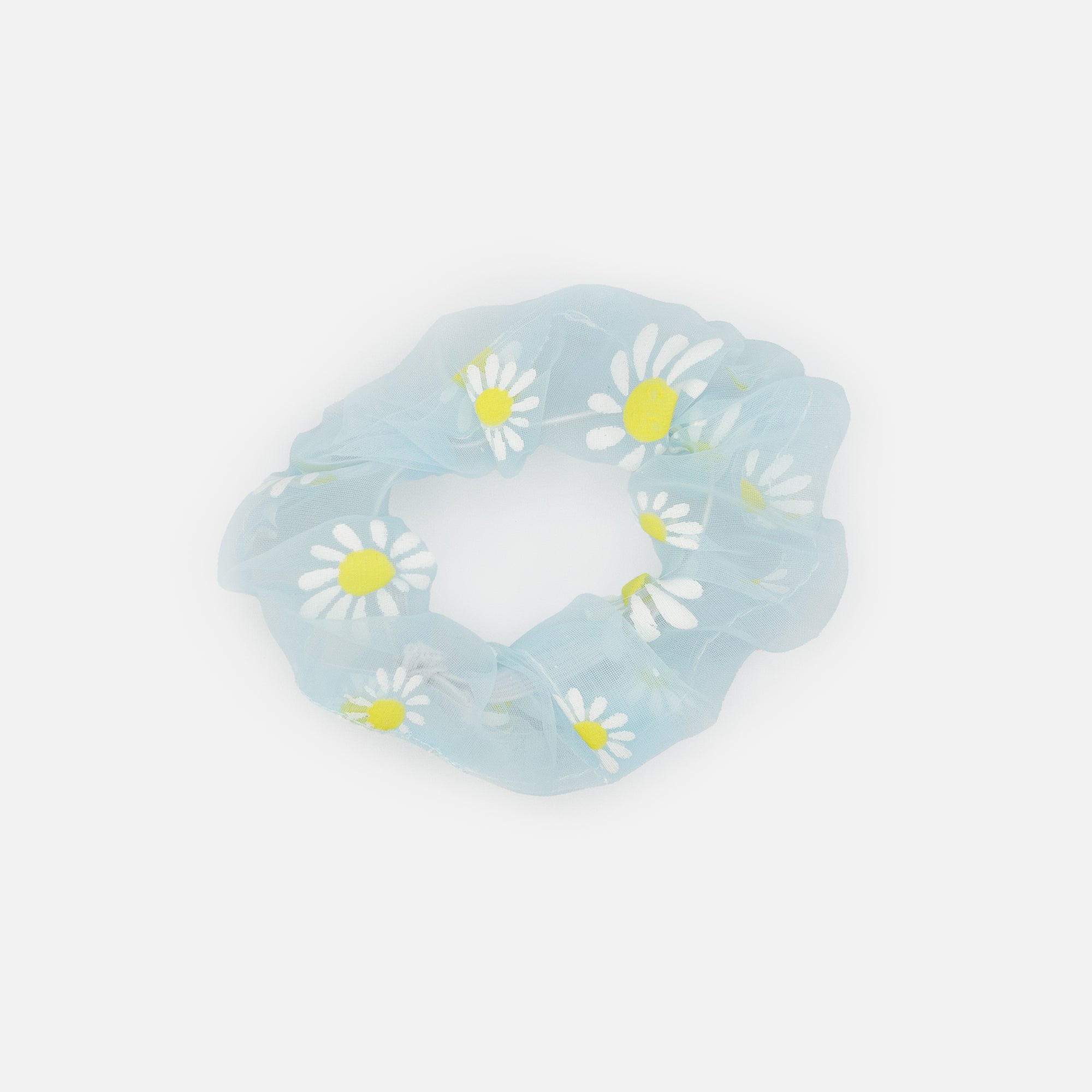 Duo of translucent blue and white scrunchies with daisies