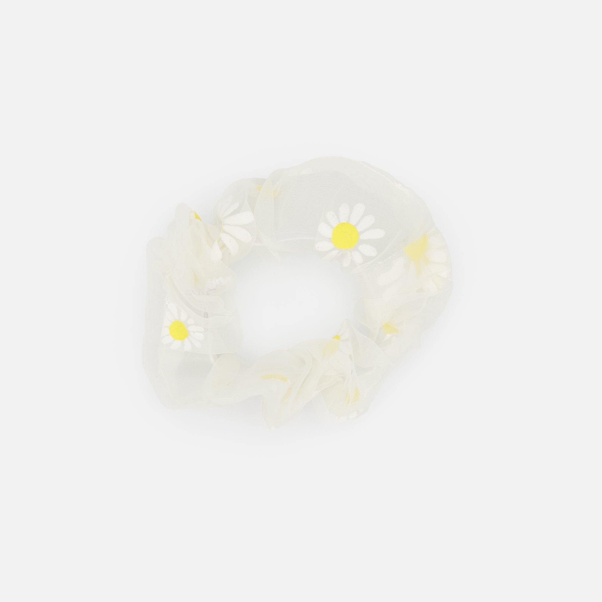 Duo of translucent blue and white scrunchies with daisies
