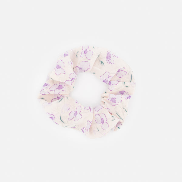 Load image into Gallery viewer, Duo of scrunchies sketches of purple and pink flowers
