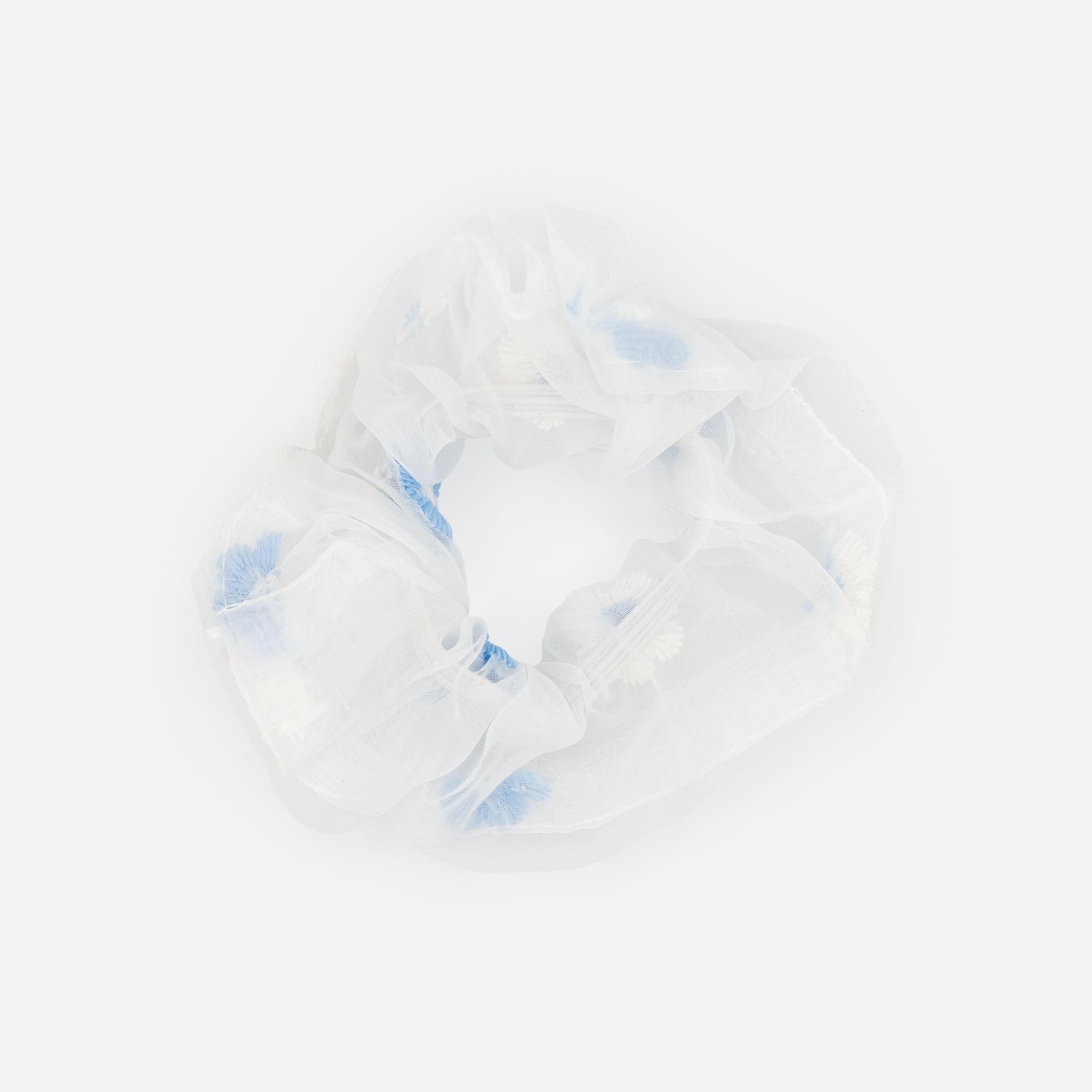 Duo of translucent scrunchies with blue and peach flower embroidery