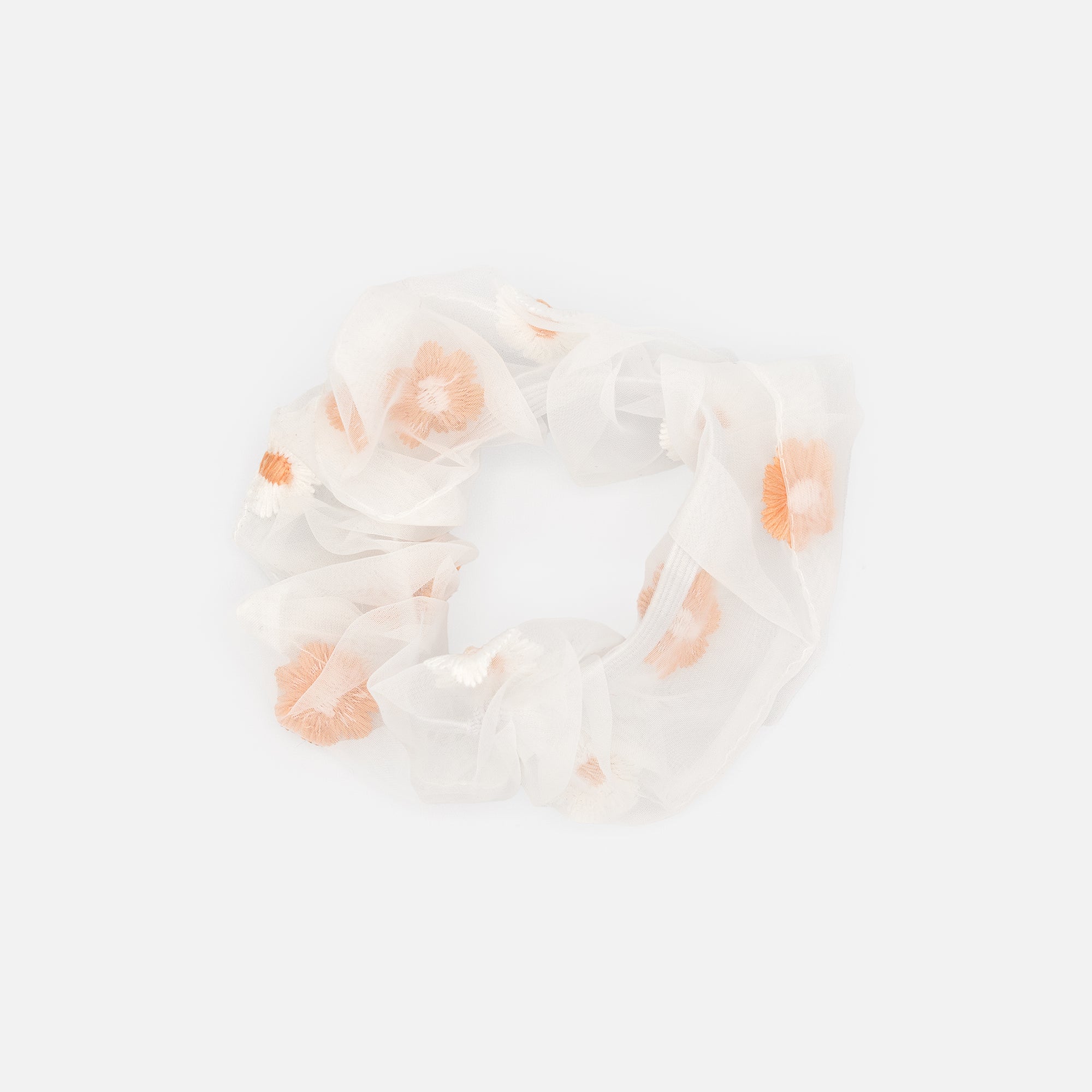 Duo of translucent scrunchies with blue and peach flower embroidery