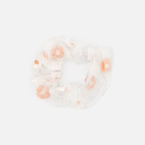 Load image into Gallery viewer, Duo of translucent scrunchies with blue and peach flower embroidery
