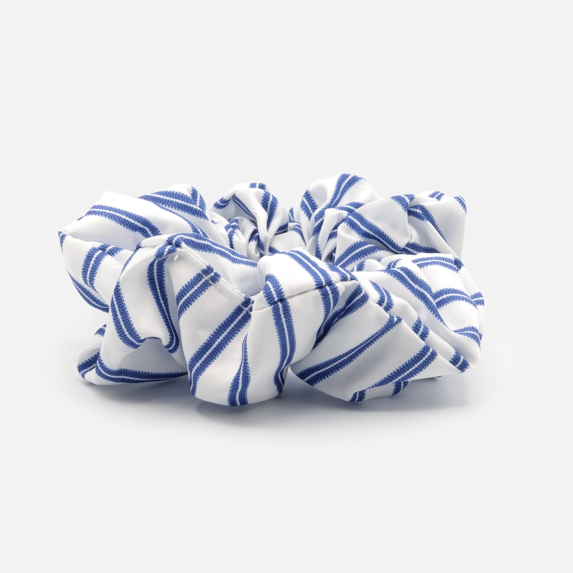 White scrunchie with blue stripes